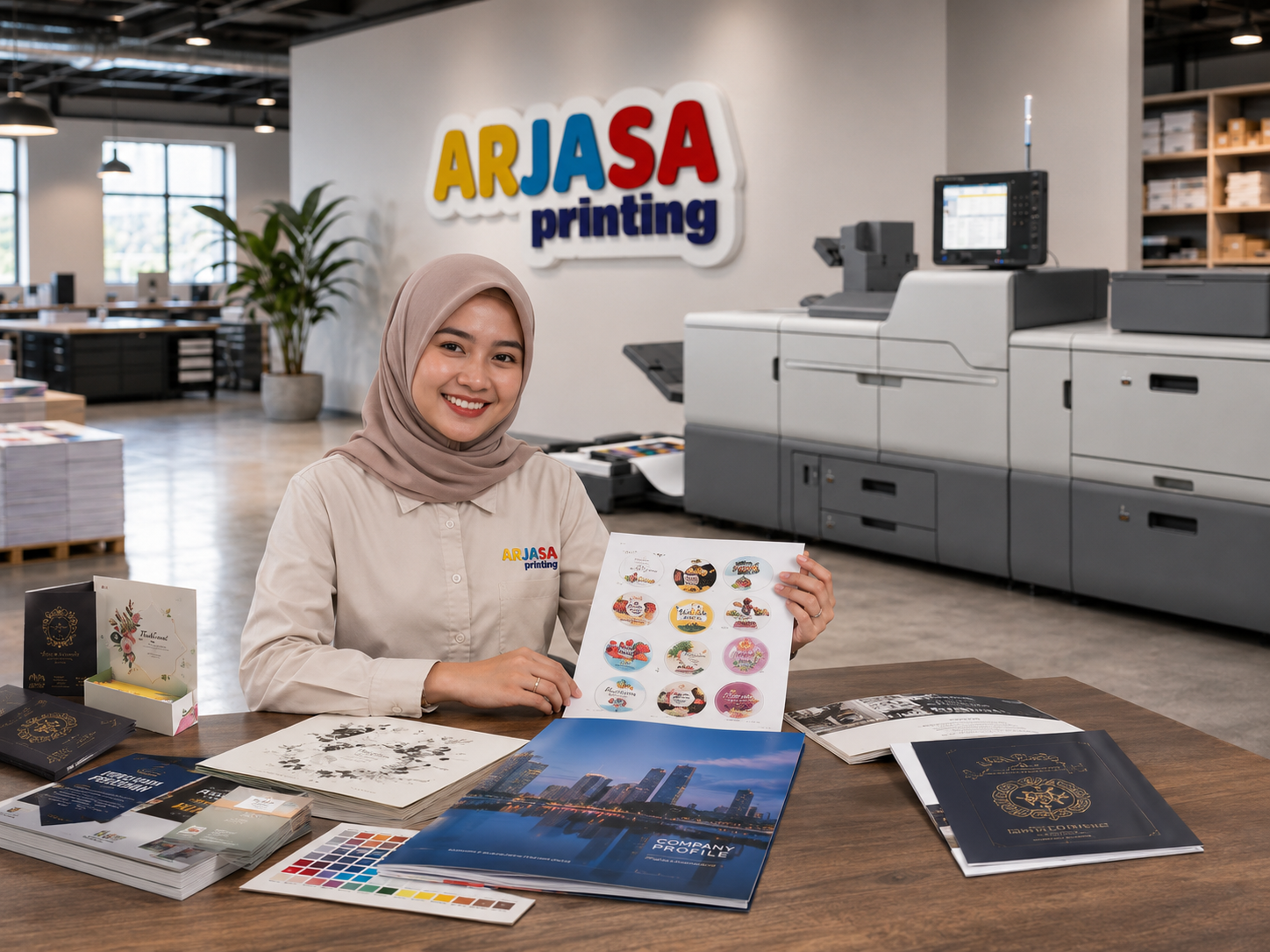 Admin Arjasa Printing berhijab siap membantu konsultasi kebutuhan cetak
