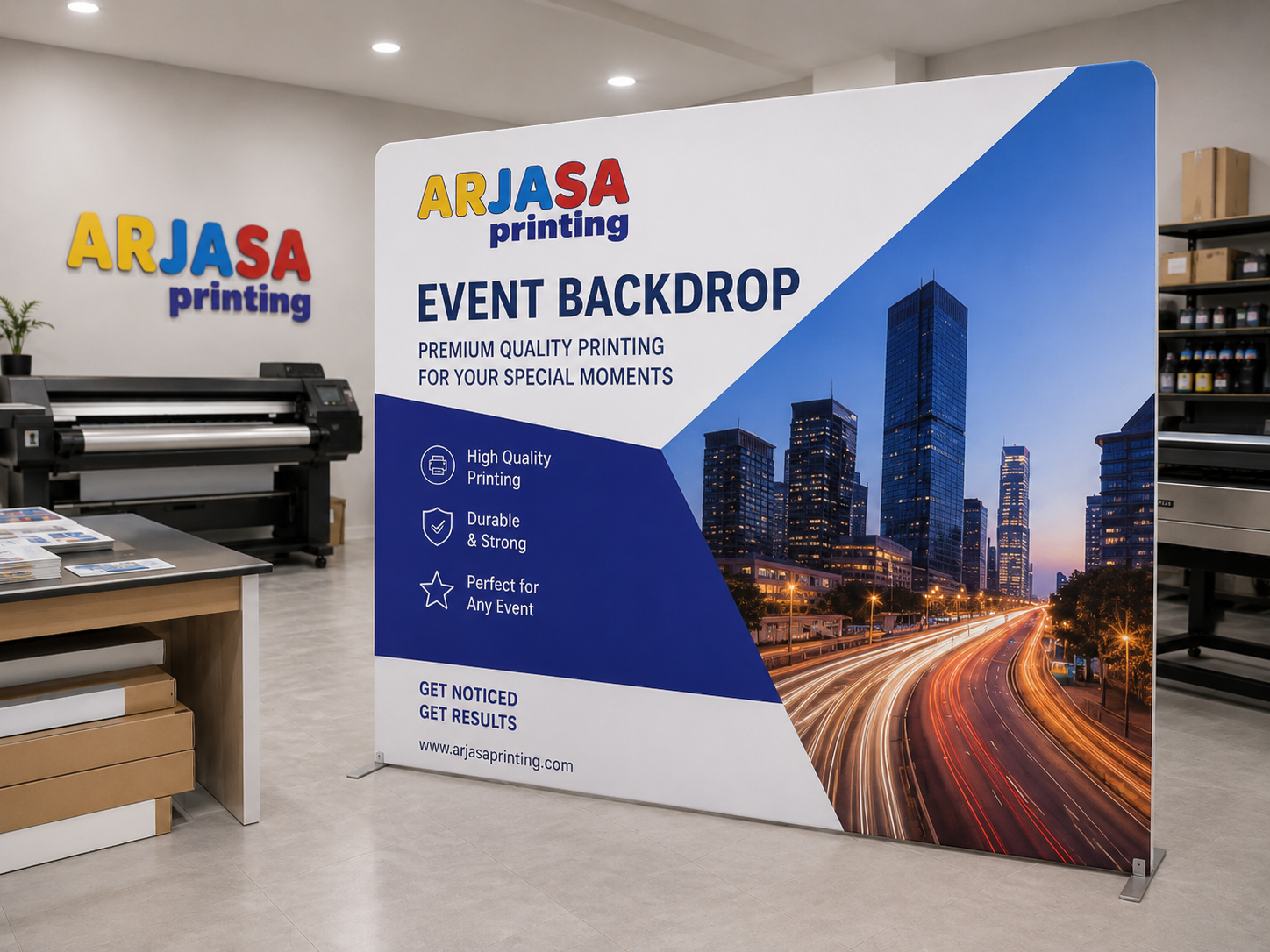 Contoh backdrop acara besar untuk seminar event dan promosi di studio Arjasa Printing Bandar Lampung