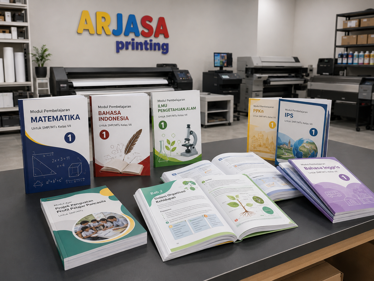 Contoh modul pembelajaran sekolah berjilid rapi di Arjasa Printing Bandar Lampung