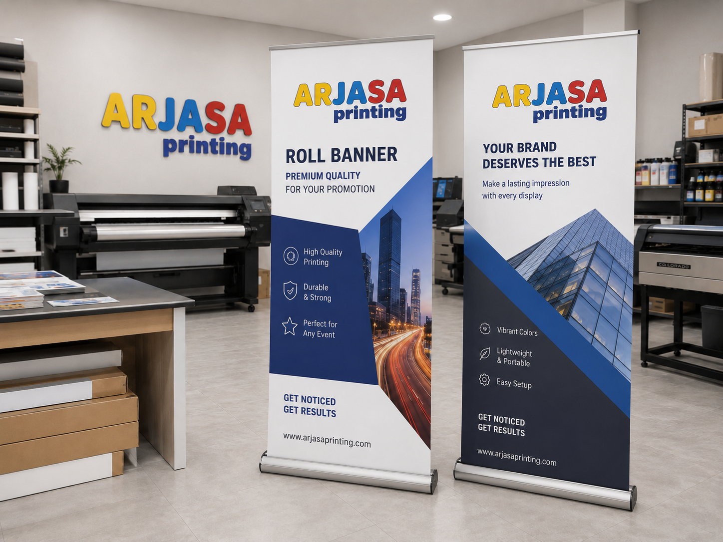 Contoh roll banner premium dengan base aluminium di studio Arjasa Printing Bandar Lampung