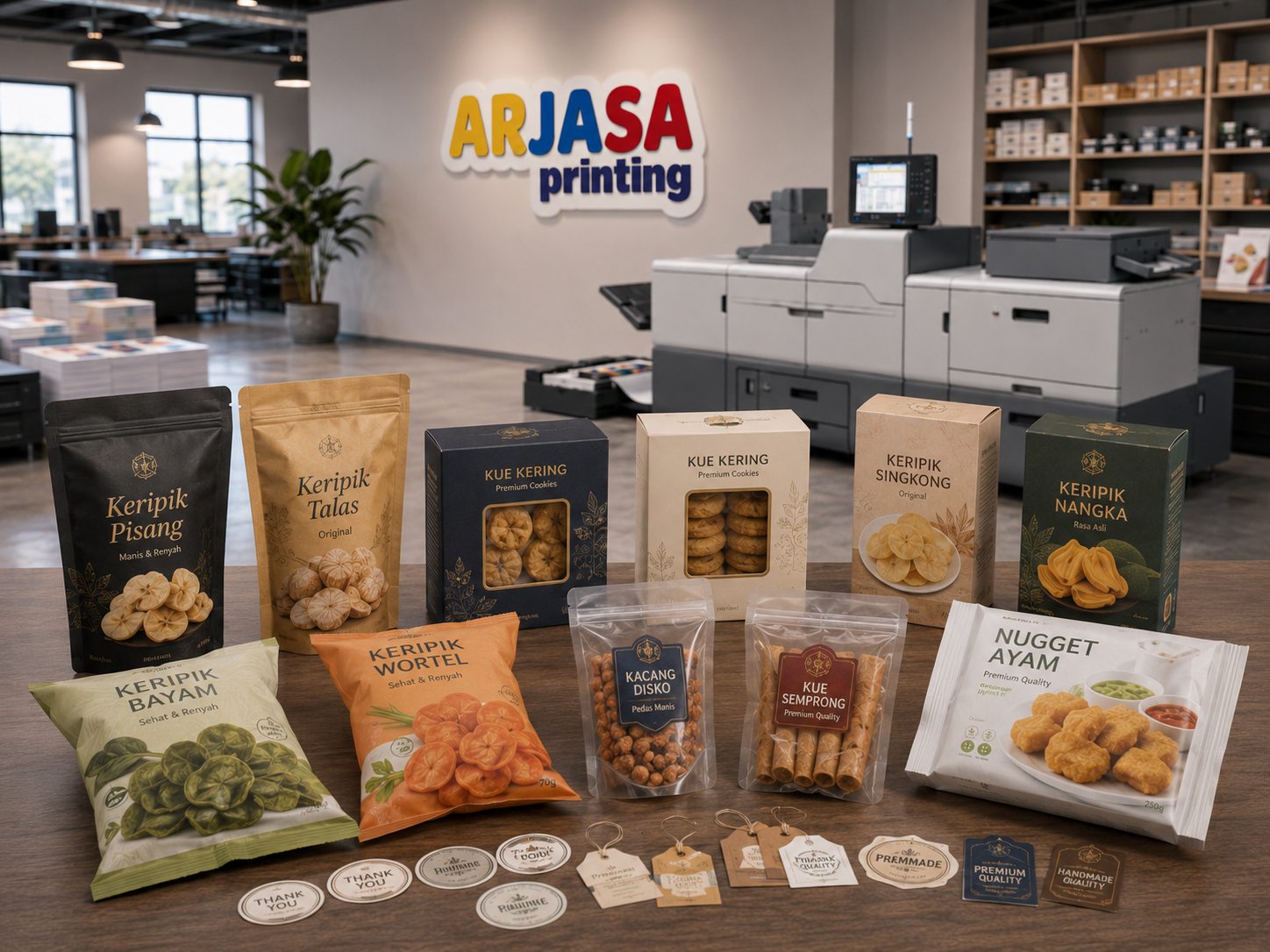 Contoh packaging makanan ringan, snack, keripik, kue kering, dan kemasan UMKM di studio Arjasa Printing Bandar Lampung