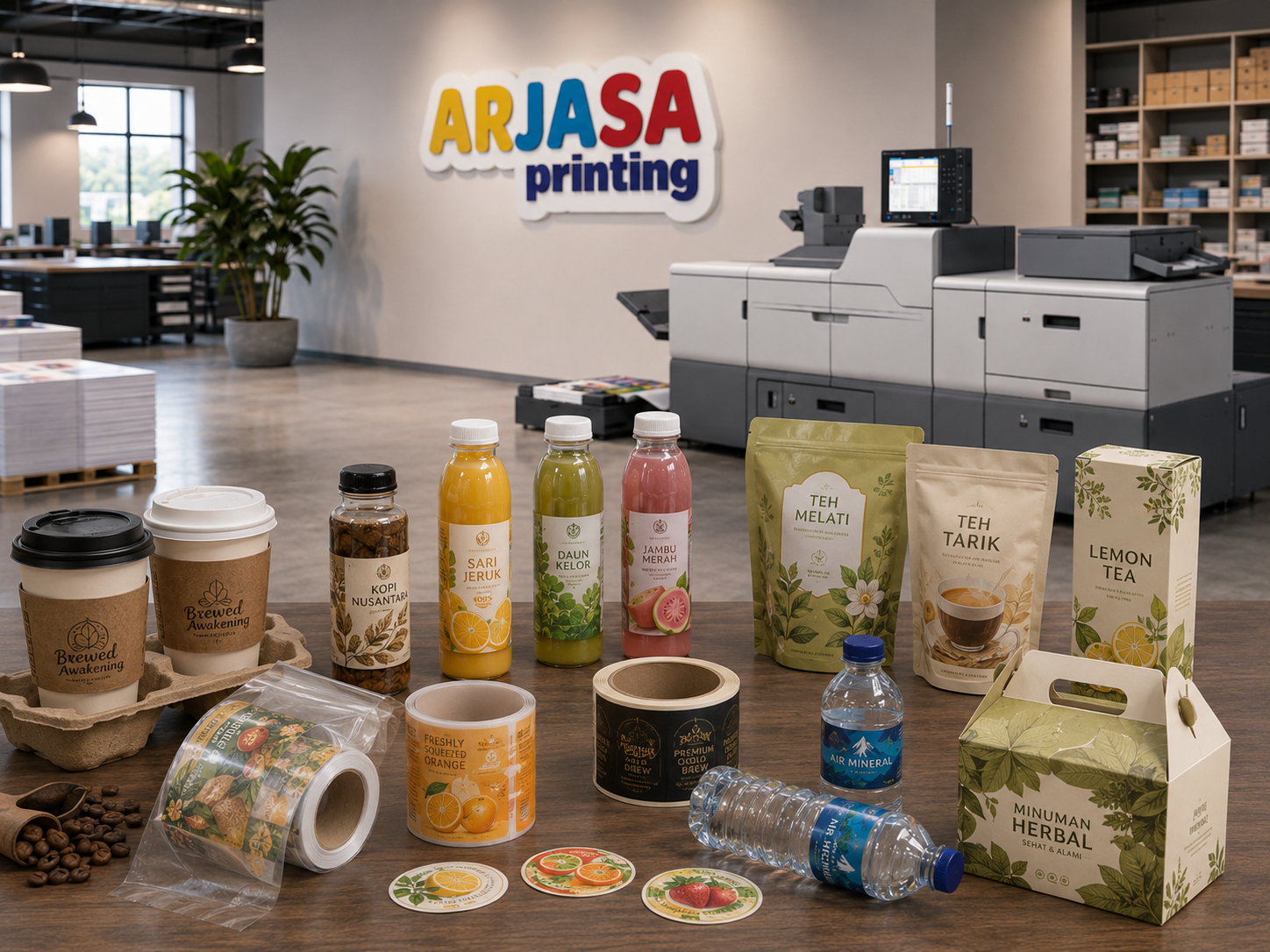 Contoh packaging minuman botol, cup, kopi, teh, dan label minuman di studio Arjasa Printing Bandar Lampung