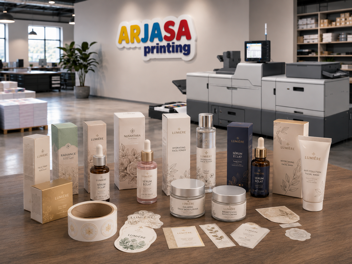 Contoh packaging skincare, serum, cream, box kosmetik, label produk kecantikan di studio Arjasa Printing Bandar Lampung