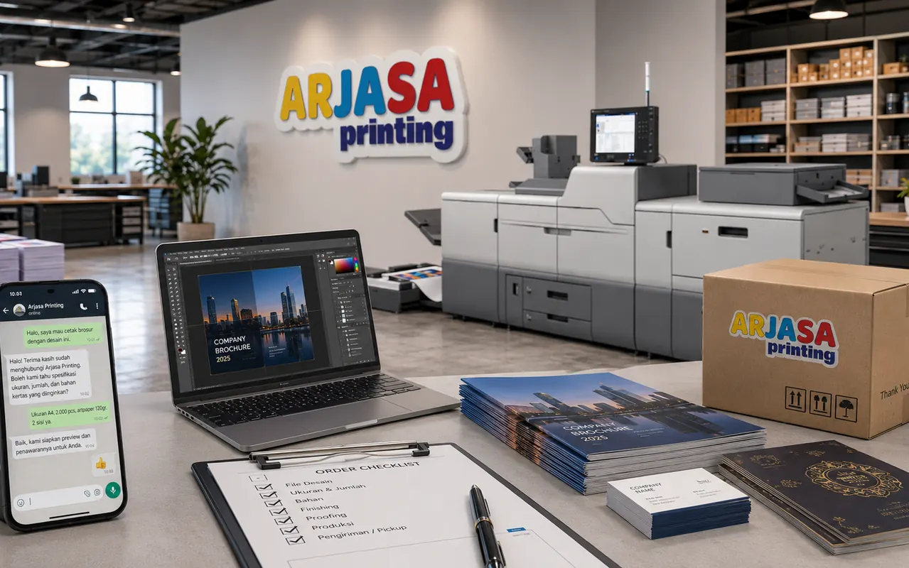 Panduan cara order cetak dari konsultasi WhatsApp sampai produksi di Arjasa Printing