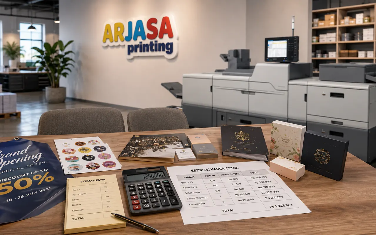 Panduan estimasi harga percetakan dengan kalkulator biaya dan contoh produk cetak Arjasa Printing Bandar Lampung
